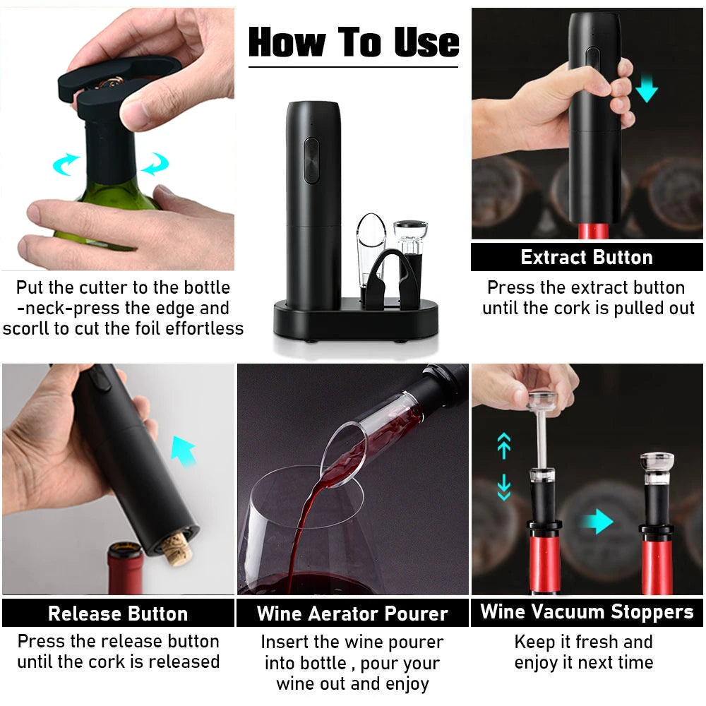 Electric Wine Bottle Opener Automatic Red Wine Corkscrew with Charging Base or Battery Powered Wine Tools Kitchen Products